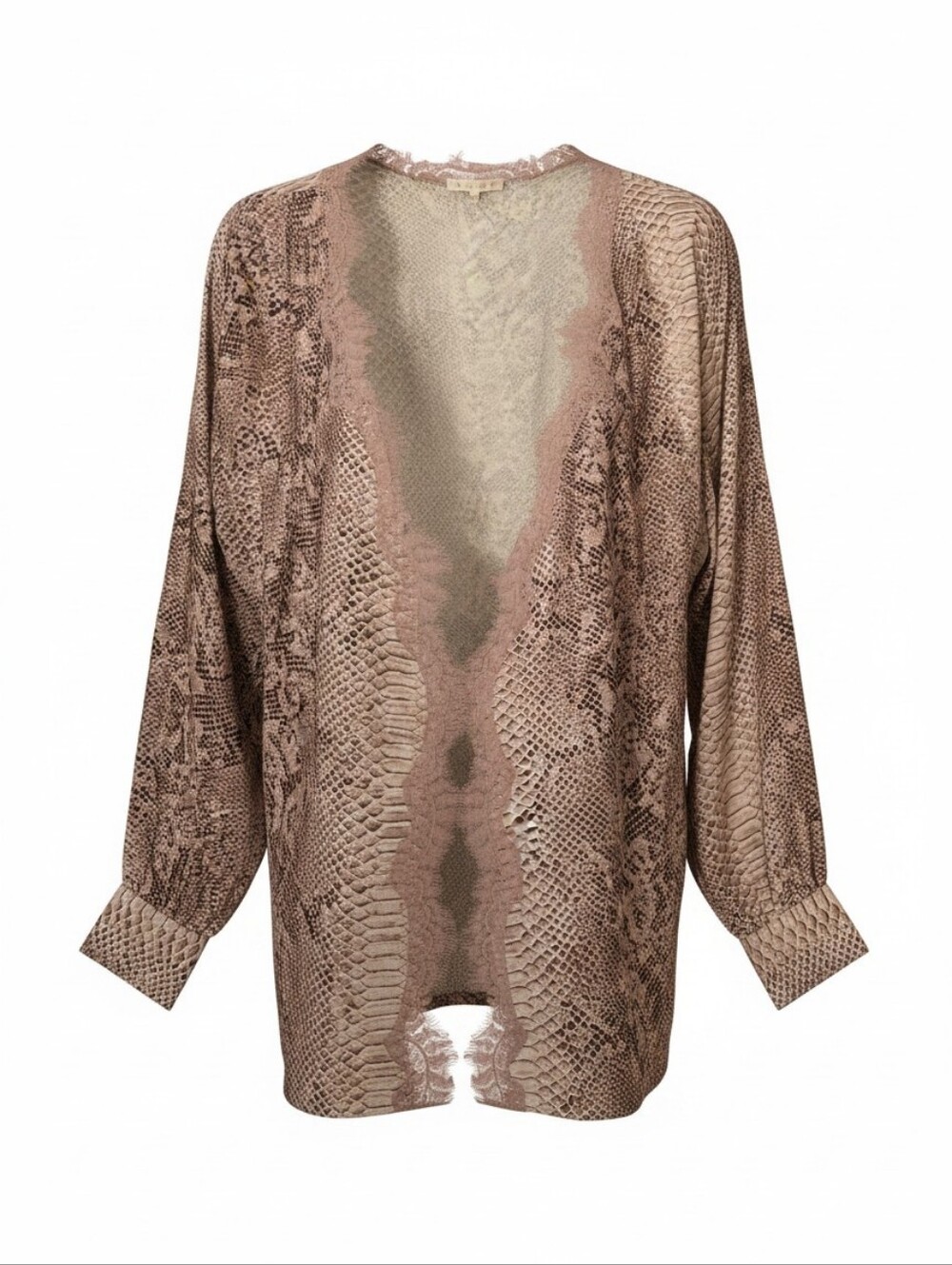 SILK Snake-Print Lace-Trim Open Cardigan in Blush Pink